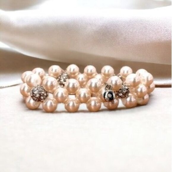 Faux Pearl & Crystal Stretch Bracelet White & Silver One Size - Picture 1 of 7